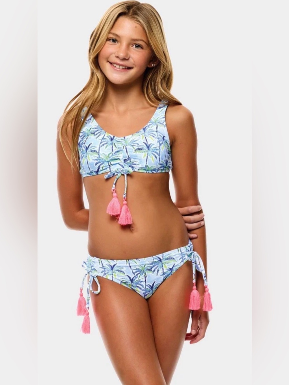 Girls Light Blue Palm-Print Bikini with Pink Tassel Accents